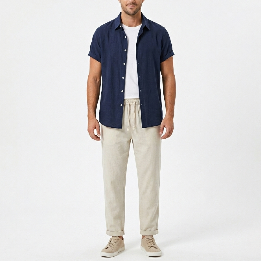 Men's Linen 2-Piece Set - Short Sleeve Button-Down Shirt and Drawstring Trousers
