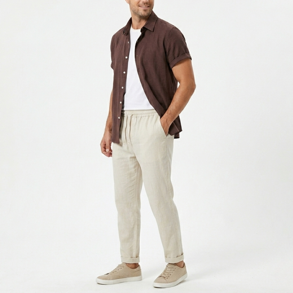 Men's Linen 2-Piece Set - Short Sleeve Button-Down Shirt and Drawstring Trousers