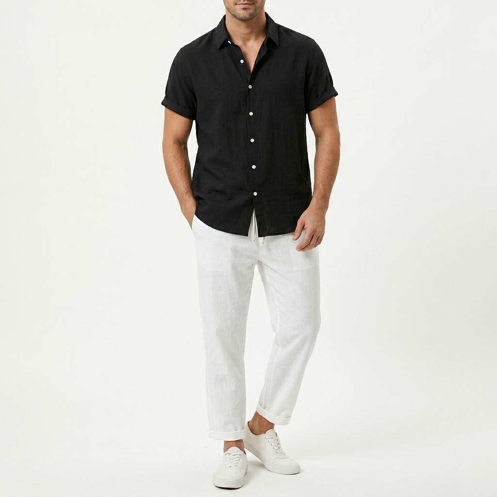 Men's Linen 2-Piece Set - Short Sleeve Button-Down Shirt and Drawstring Trousers