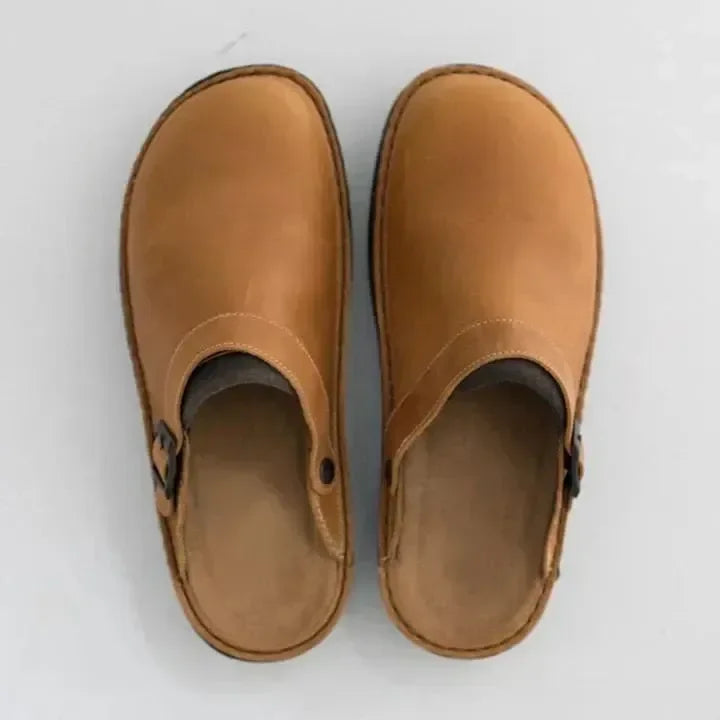Men's Leather Clogs - Slip-On Mule Design with Adjustable Buckle Strap