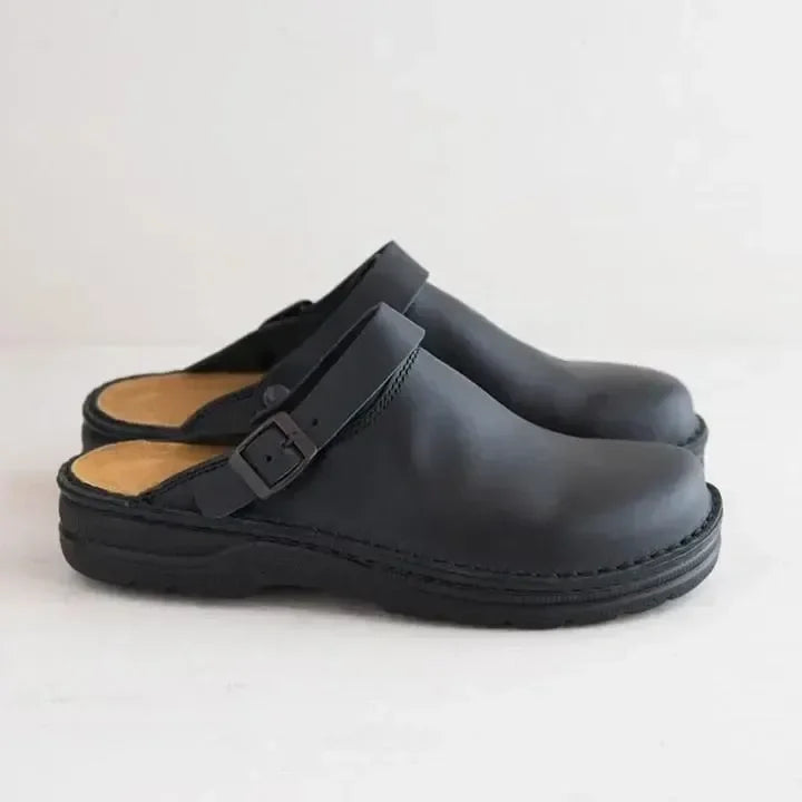 Men's Leather Clogs - Slip-On Mule Design with Adjustable Buckle Strap