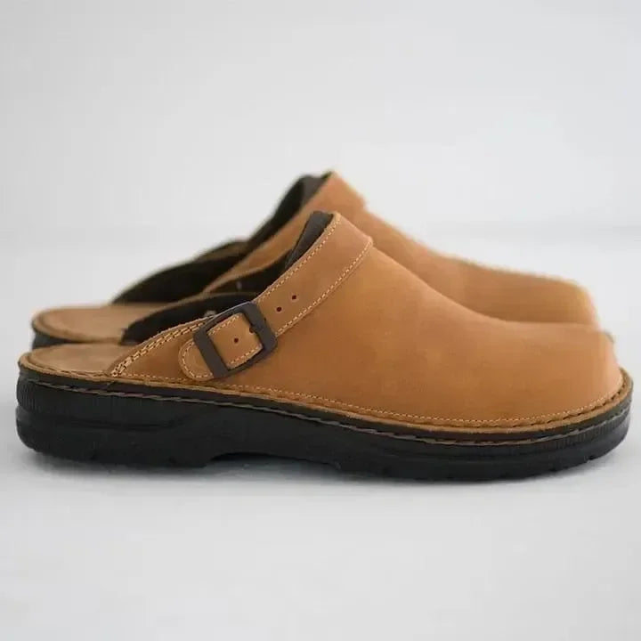 Men's Leather Clogs - Slip-On Mule Design with Adjustable Buckle Strap
