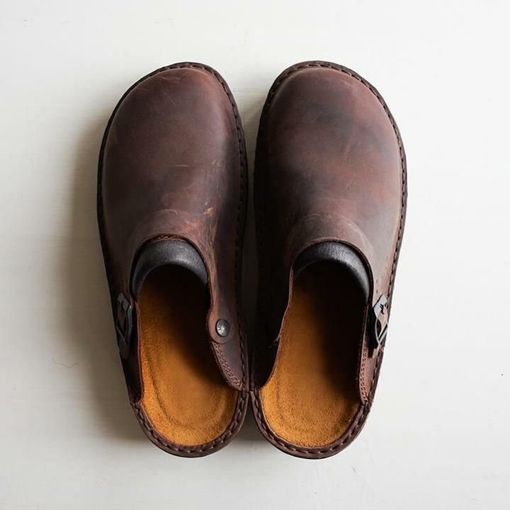 Men's Leather Clogs - Slip-On Mule Design with Adjustable Buckle Strap