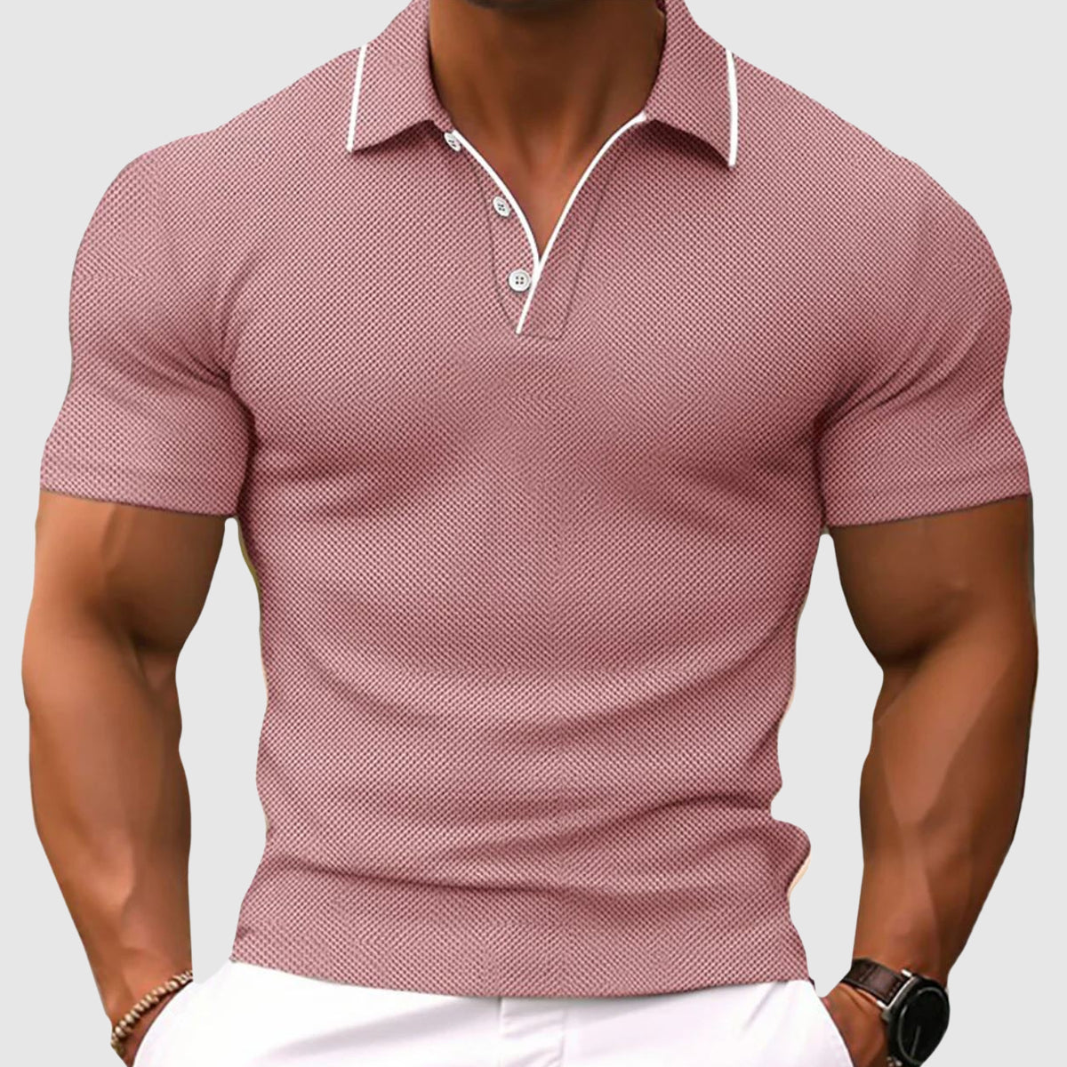 Men's Polo Shirt - Textured Knit Design with Contrast Tipped Collar and Muscle Fit Detail