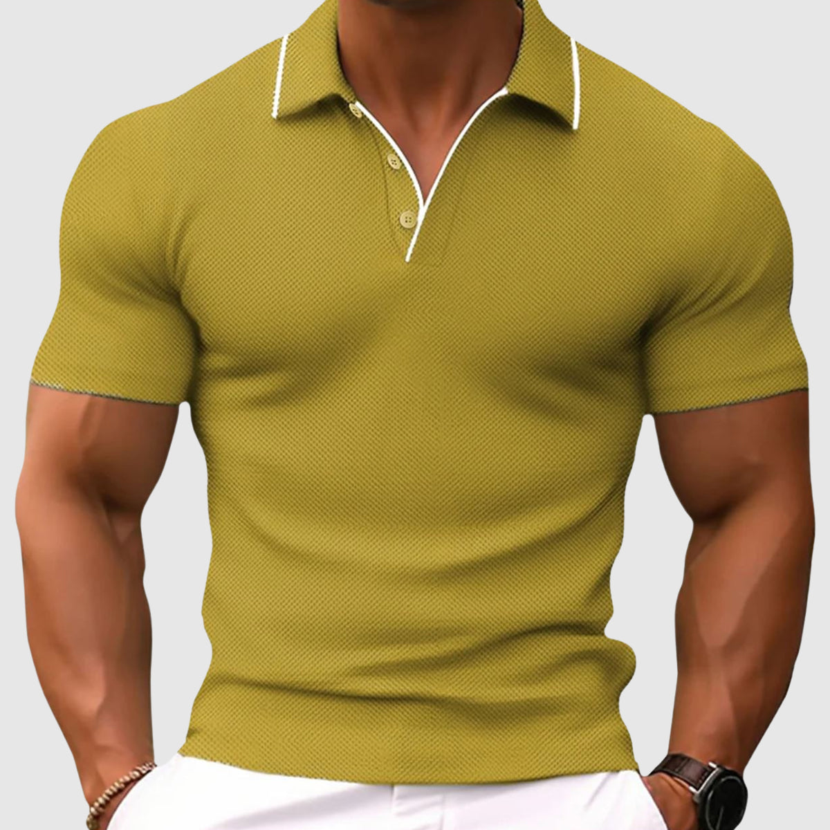 Men's Polo Shirt - Textured Knit Design with Contrast Tipped Collar and Muscle Fit Detail