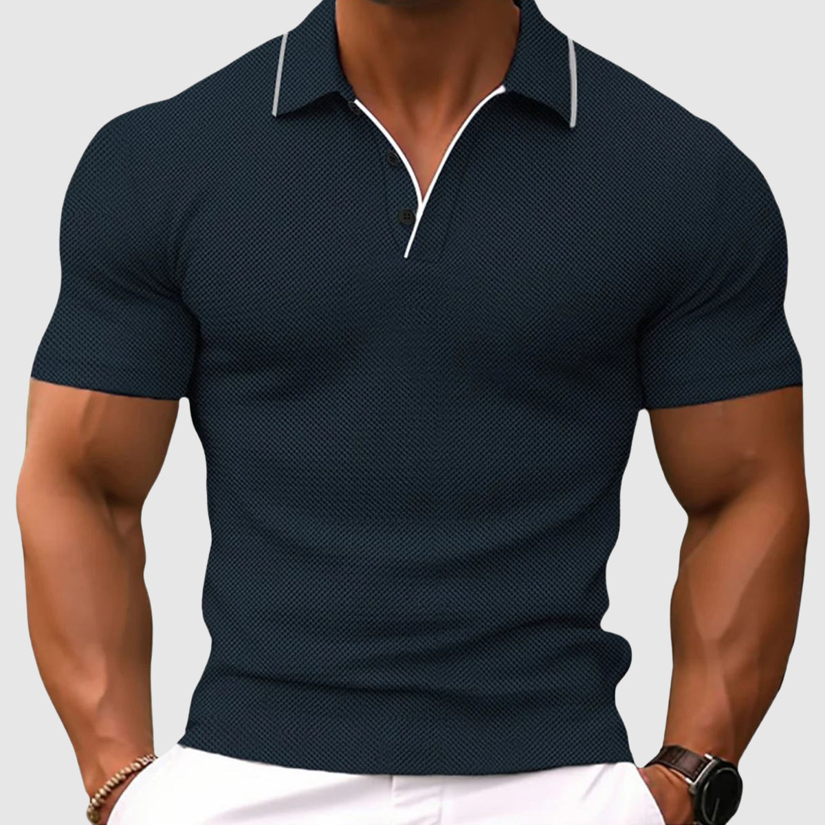 Men's Polo Shirt - Textured Knit Design with Contrast Tipped Collar and Muscle Fit Detail