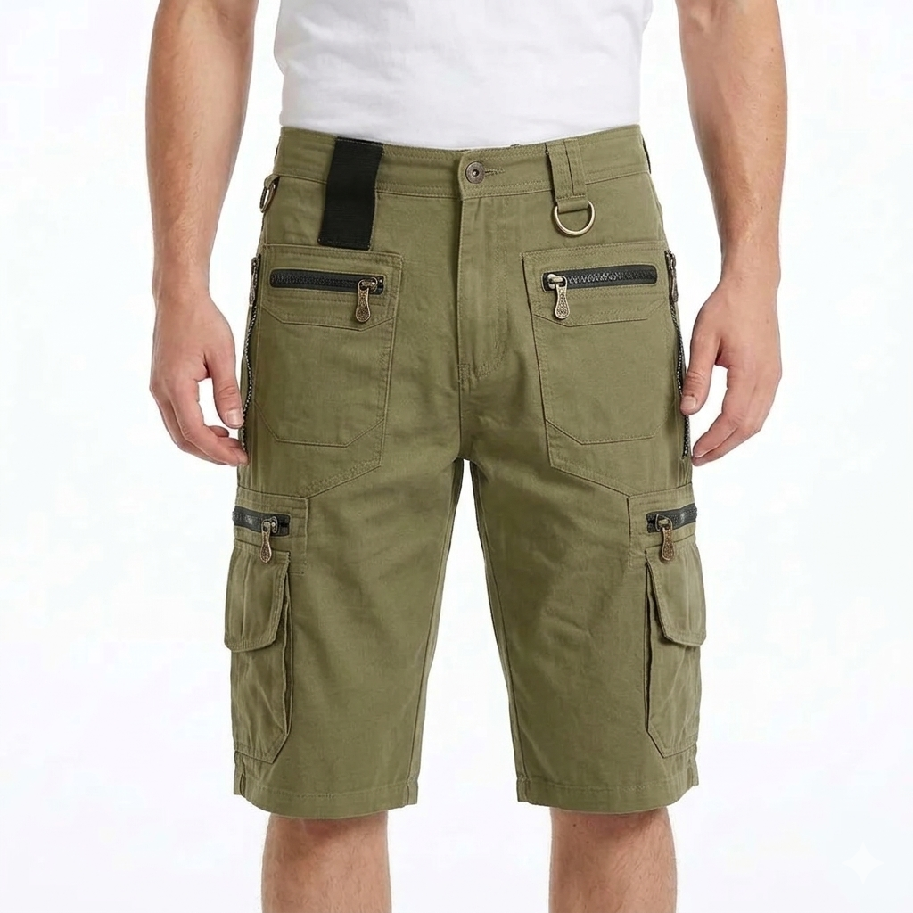 Men's Cargo Shorts - Multi-Pocket Design with Zip Fastening and D-Ring Detail