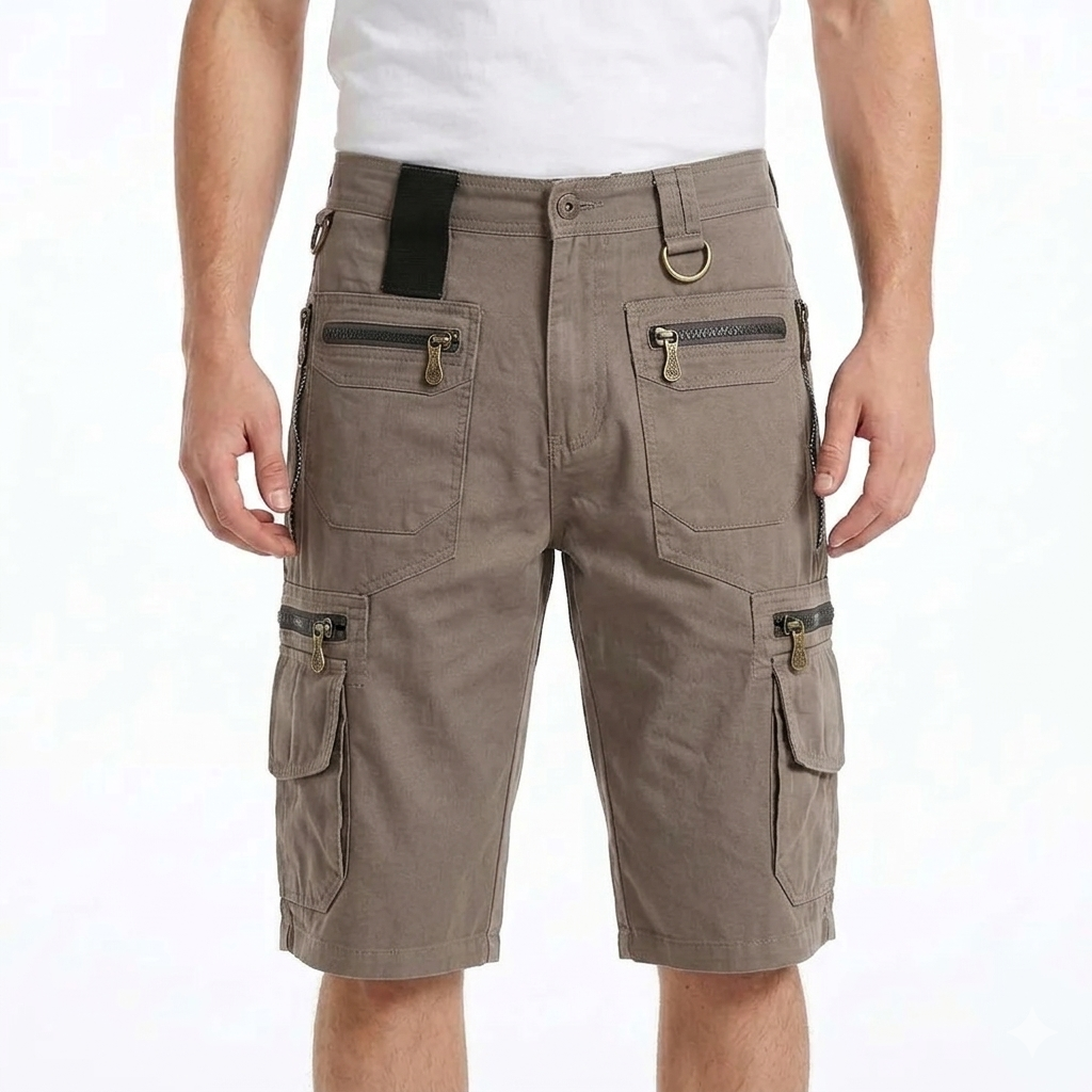 Men's Cargo Shorts - Multi-Pocket Design with Zip Fastening and D-Ring Detail