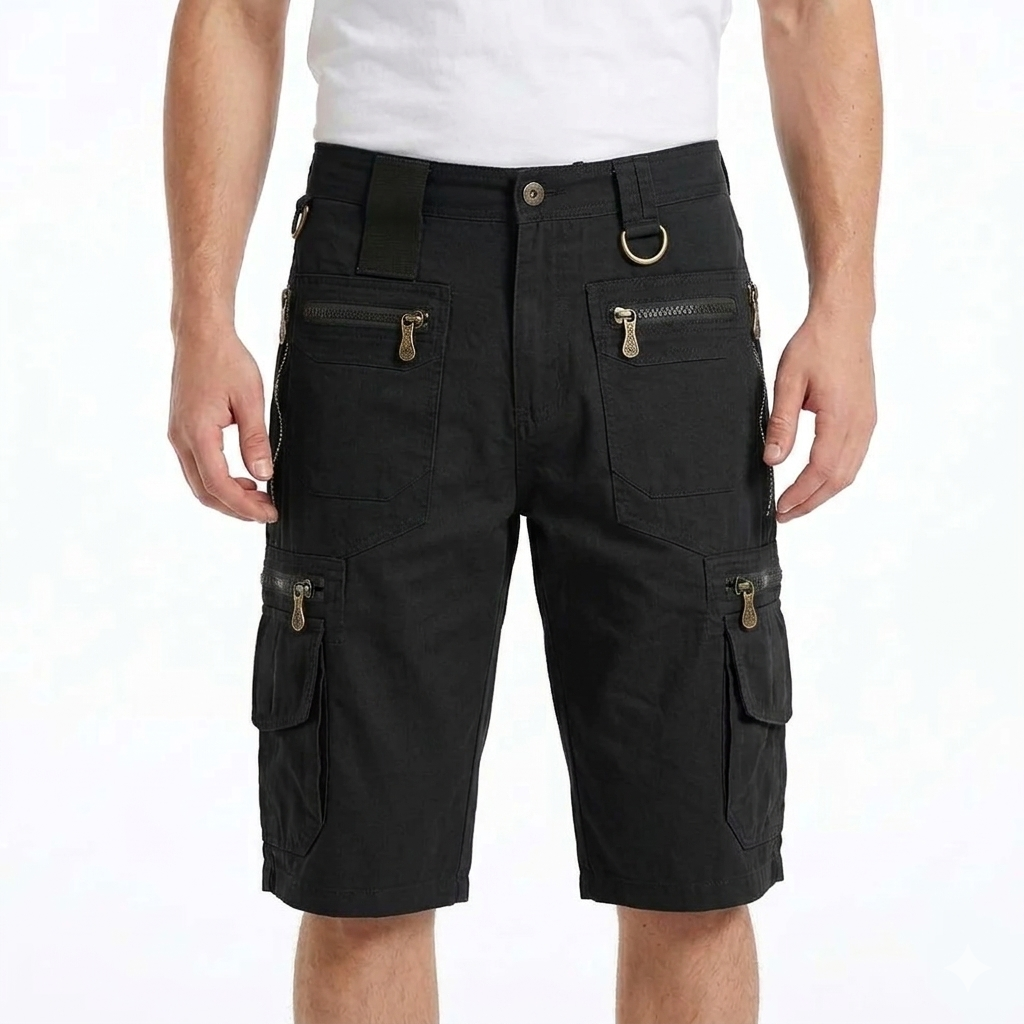 Men's Cargo Shorts - Multi-Pocket Design with Zip Fastening and D-Ring Detail