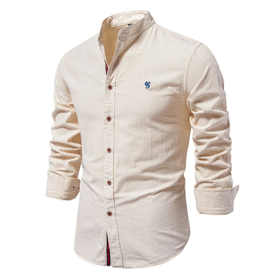 Men's Linen Shirt - Grandad Collar and Slim Fit Detail
