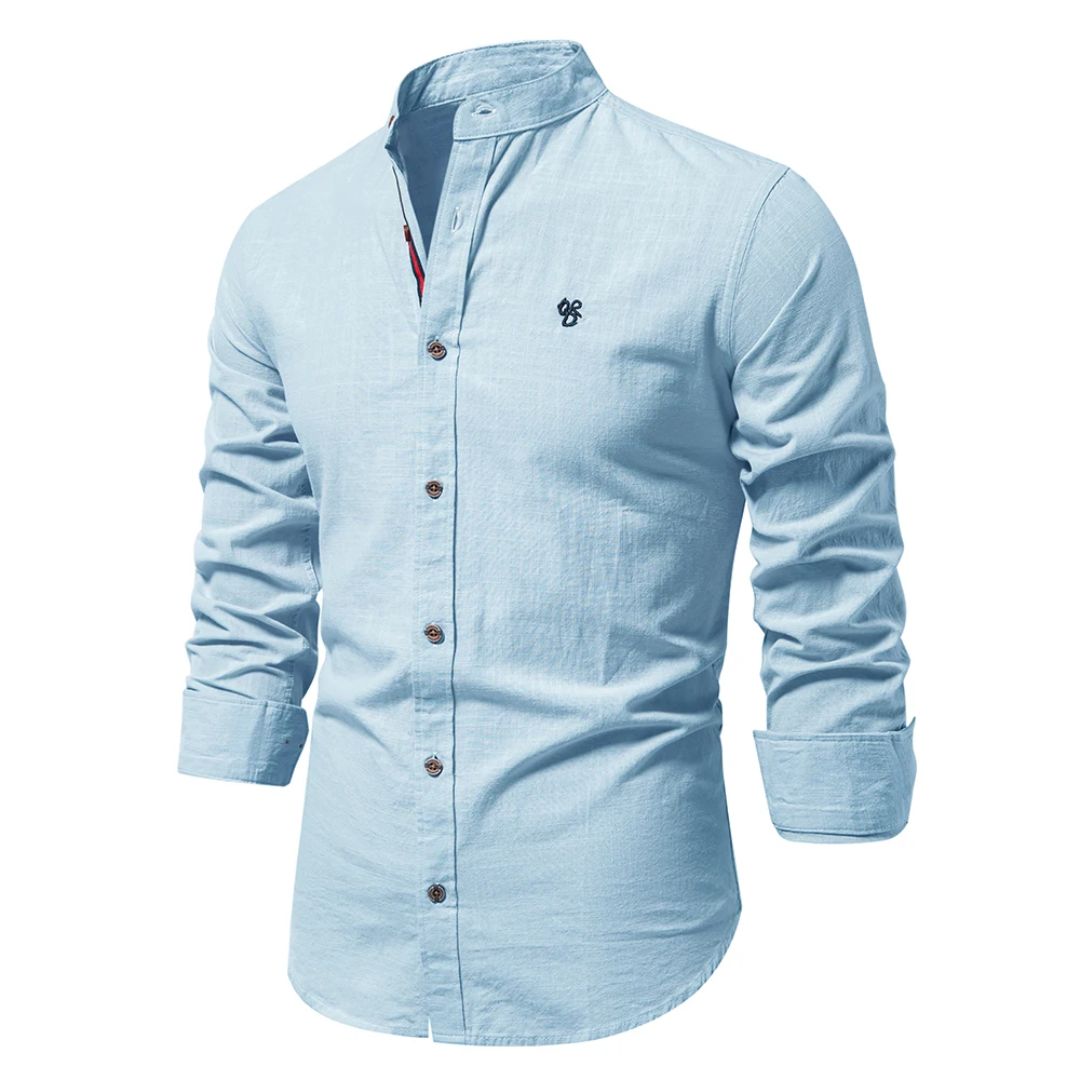 Men's Linen Shirt - Grandad Collar and Slim Fit Detail