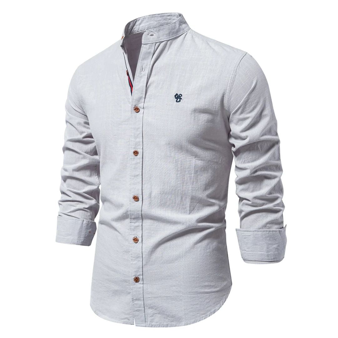 Men's Linen Shirt - Grandad Collar and Slim Fit Detail