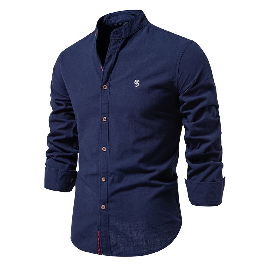 Men's Linen Shirt - Grandad Collar and Slim Fit Detail