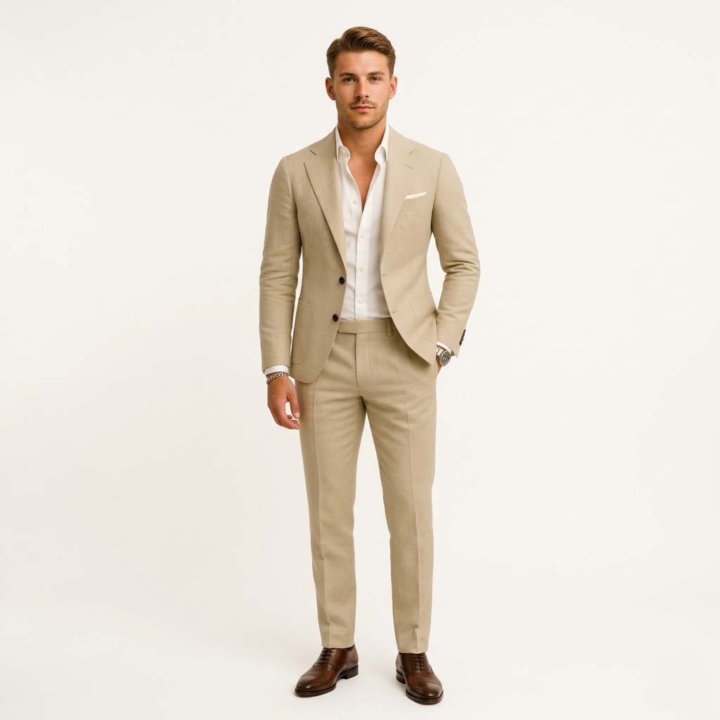 Men's Linen Suit - Slim Fit 2-Button Jacket and Tailored Trousers