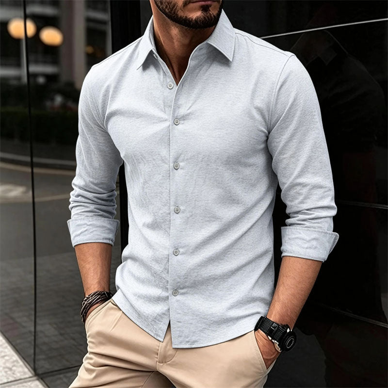 Men's Long Sleeve Shirt - Melange Texture and Button-Down Front