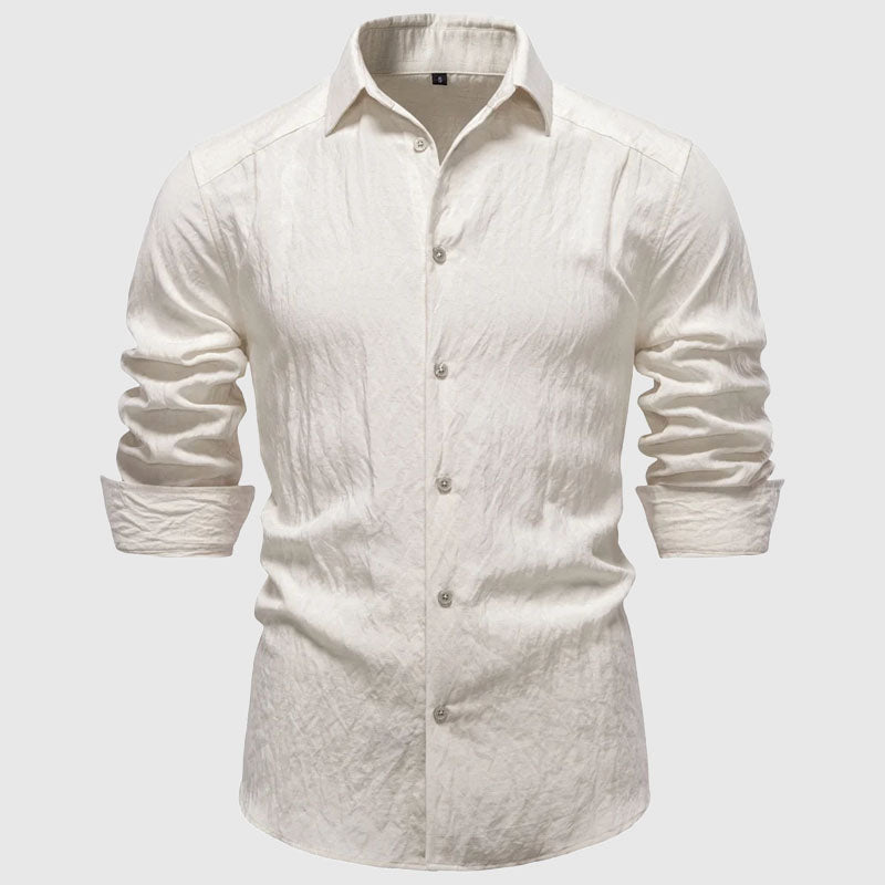 Men's Long Sleeve Shirt - Melange Texture and Button-Down Front