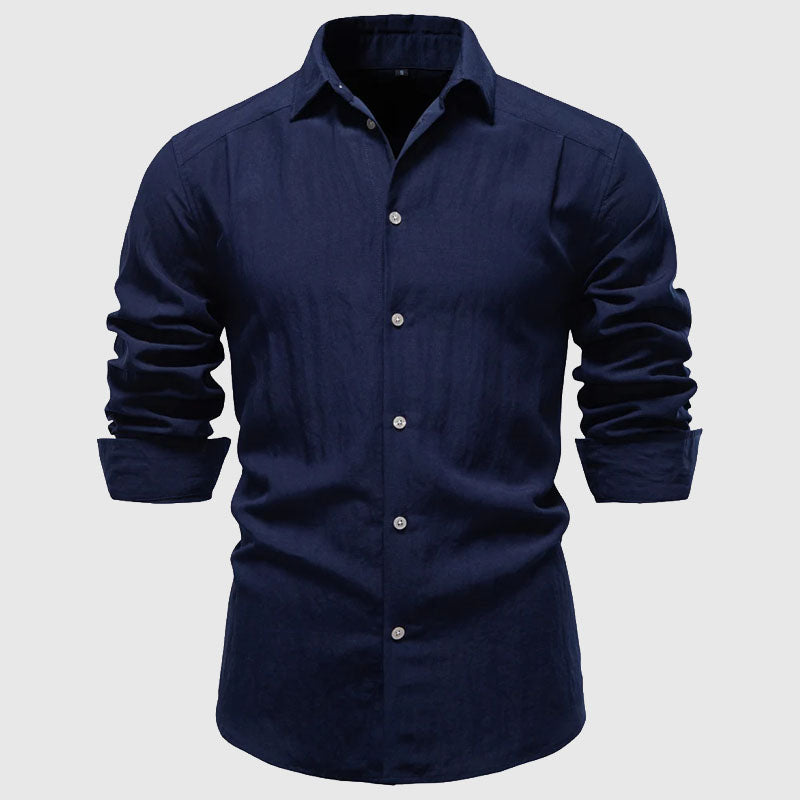 Men's Long Sleeve Shirt - Melange Texture and Button-Down Front