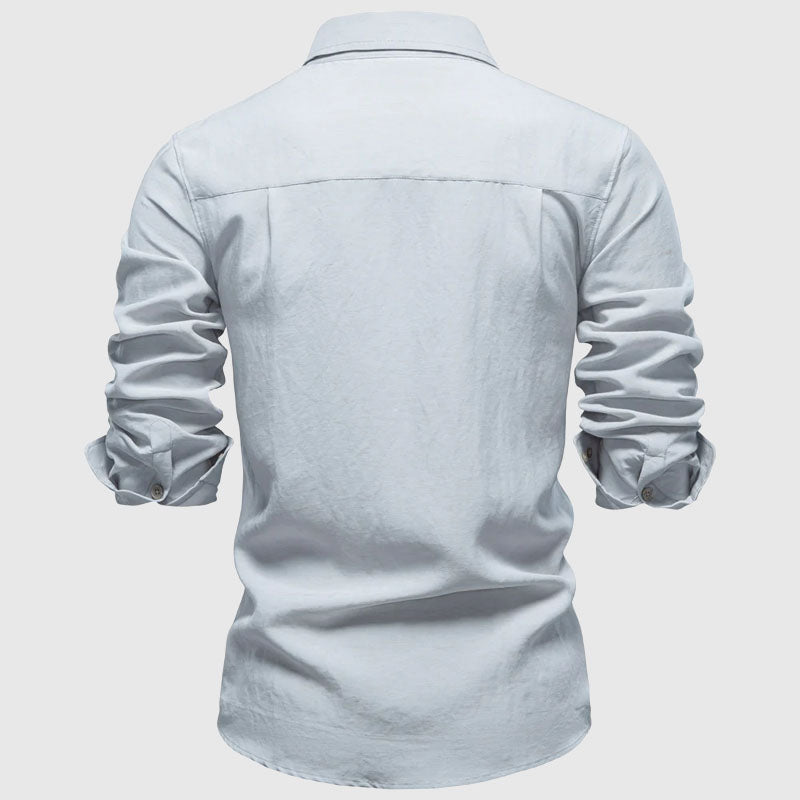 Men's Long Sleeve Shirt - Melange Texture and Button-Down Front