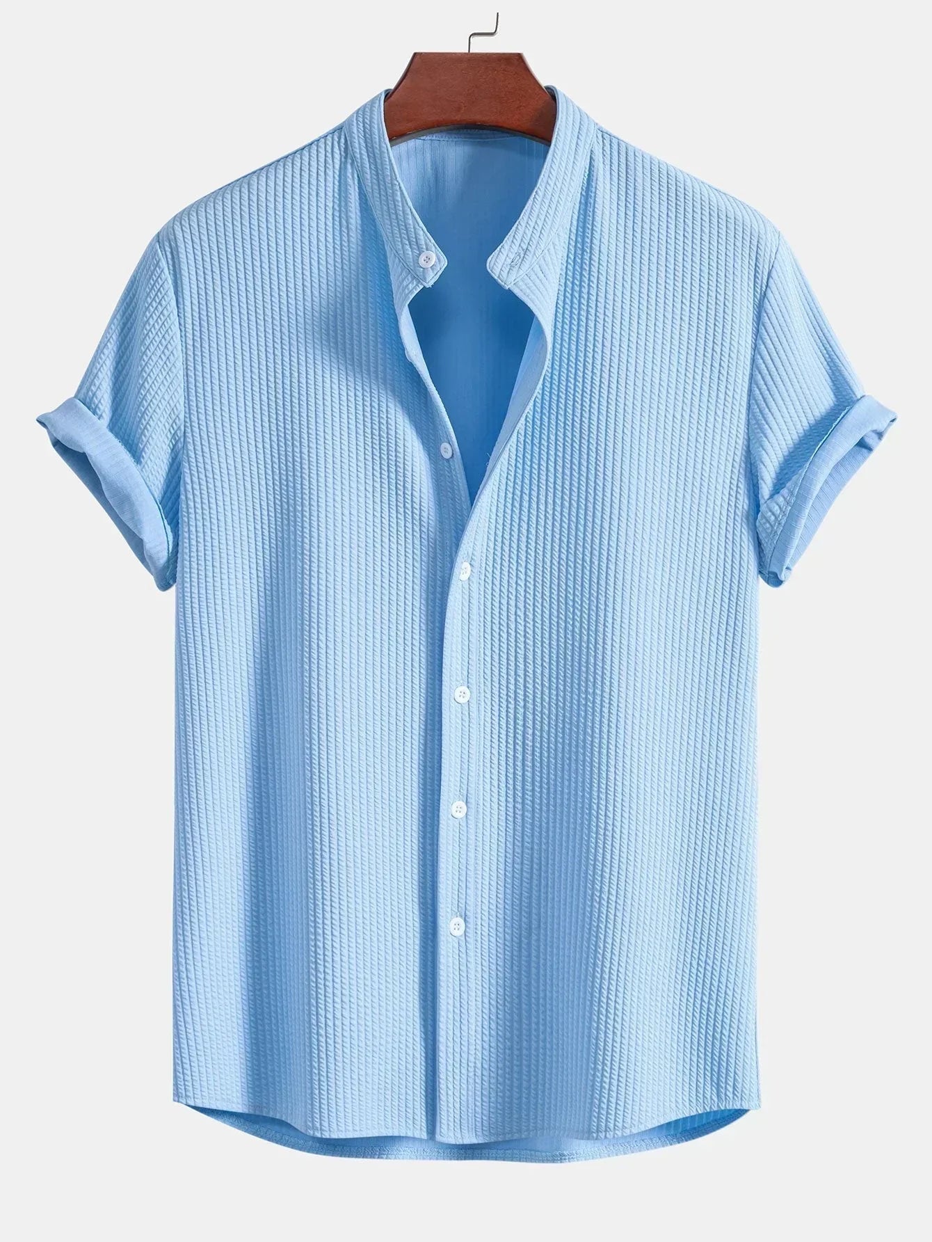 Men's Shirt - Vertical Textured Seersucker Design with Grandad Collar