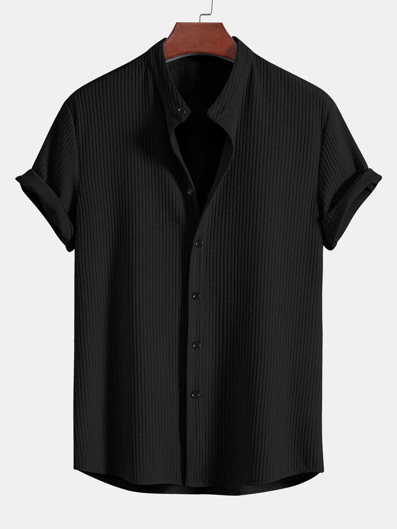 Men's Shirt - Vertical Textured Seersucker Design with Grandad Collar