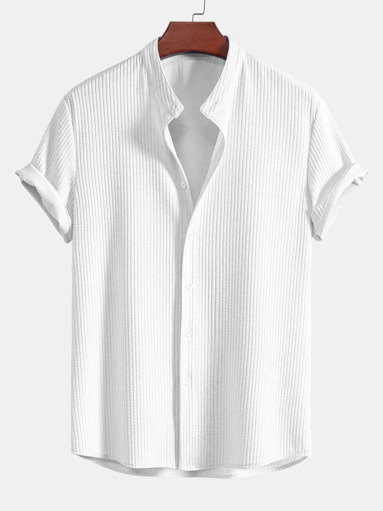 Men's Shirt - Vertical Textured Seersucker Design with Grandad Collar