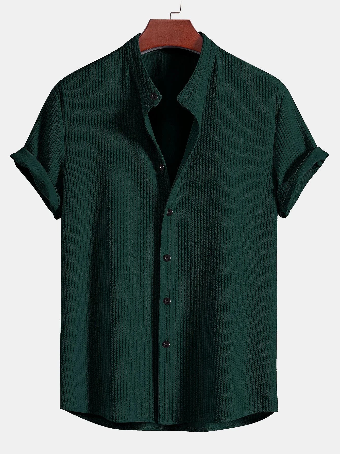 Men's Shirt - Vertical Textured Seersucker Design with Grandad Collar