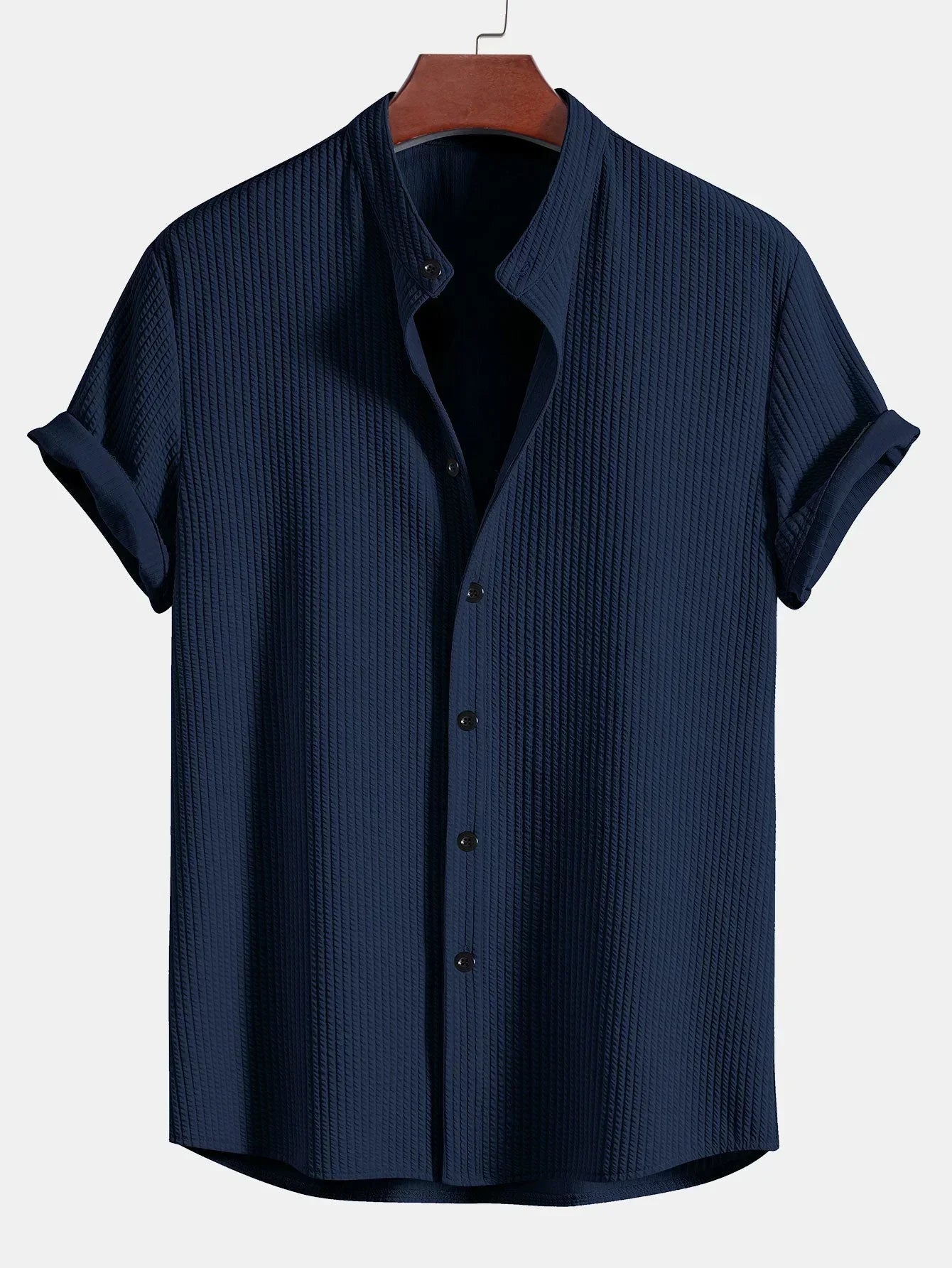 Men's Shirt - Vertical Textured Seersucker Design with Grandad Collar