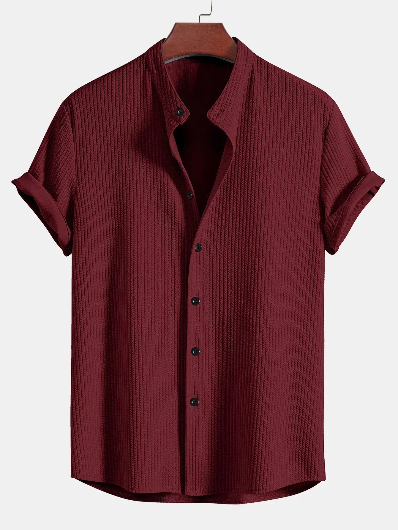 Men's Shirt - Vertical Textured Seersucker Design with Grandad Collar