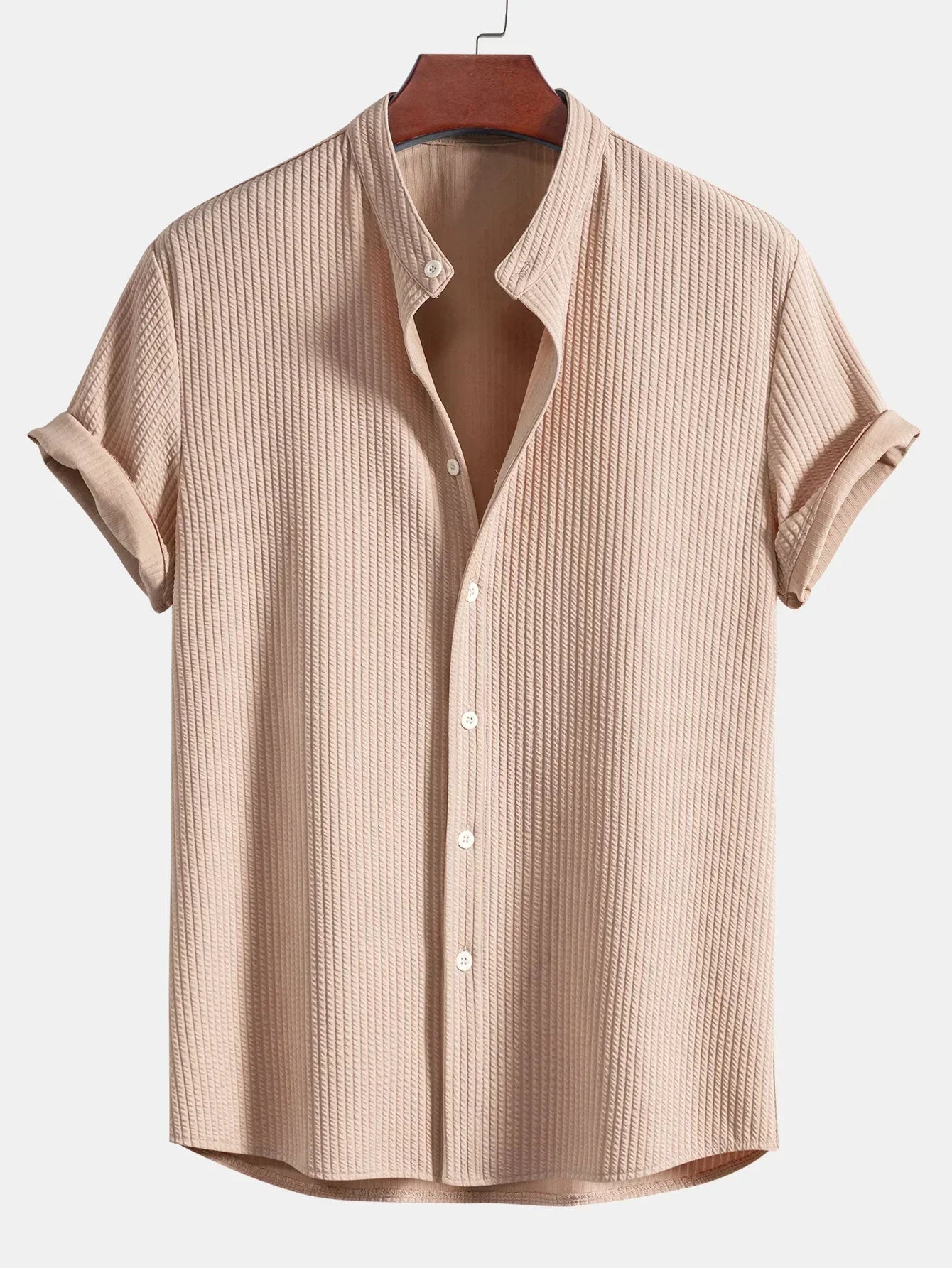 Men's Shirt - Vertical Textured Seersucker Design with Grandad Collar