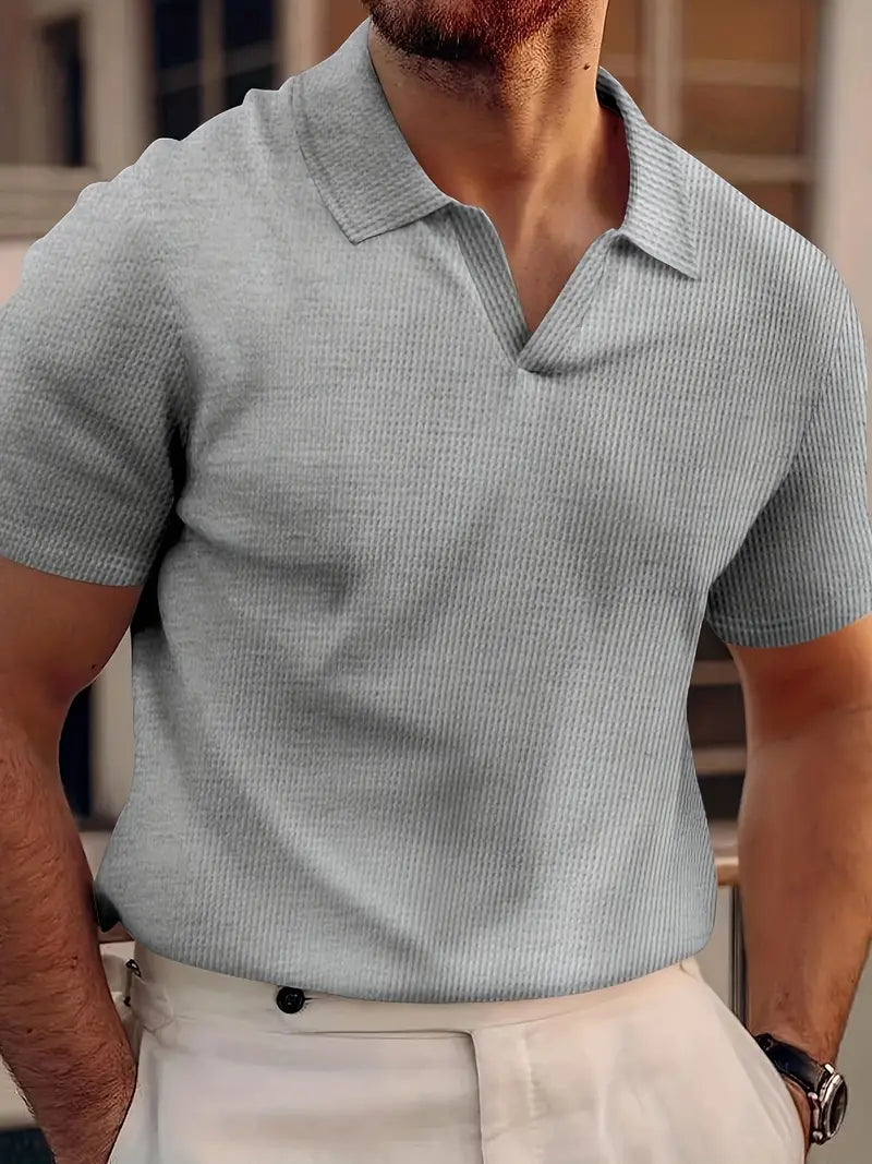 Men's Polo Shirt - Ribbed Textured Knit Design with Open Collar and Short Sleeve Detail