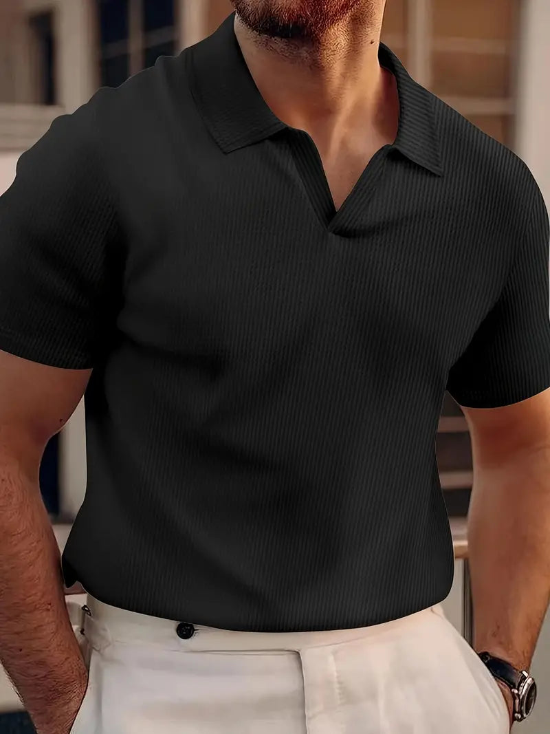 Men's Polo Shirt - Ribbed Textured Knit Design with Open Collar and Short Sleeve Detail