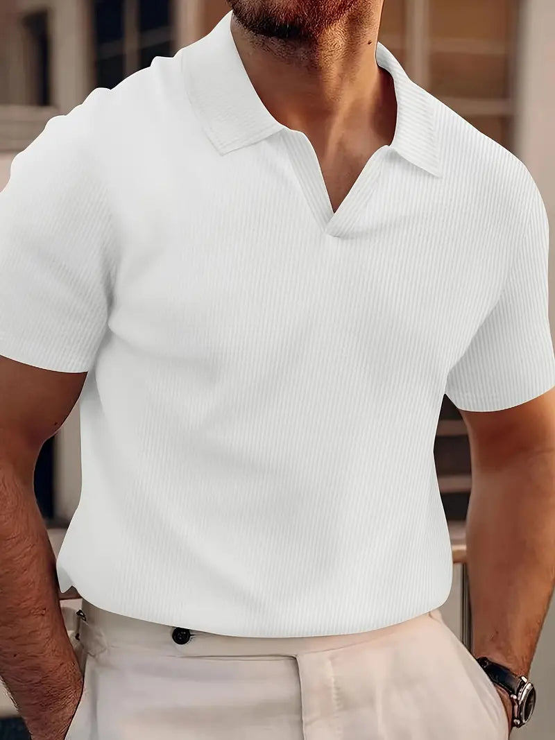 Men's Polo Shirt - Ribbed Textured Knit Design with Open Collar and Short Sleeve Detail