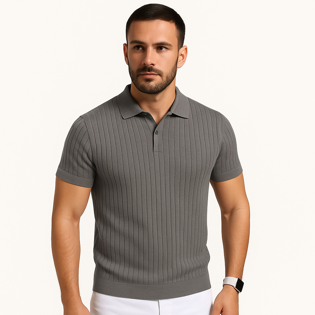 Men's Polo Shirt - Vertical Ribbed Knit Design and Slim Fit Short Sleeve Detail