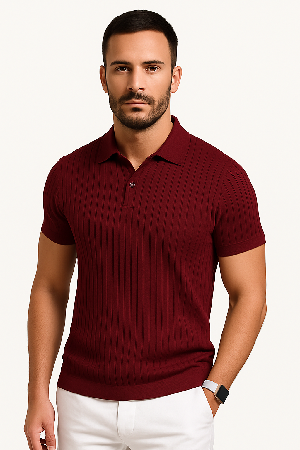 Men's Polo Shirt - Vertical Ribbed Knit Design and Slim Fit Short Sleeve Detail