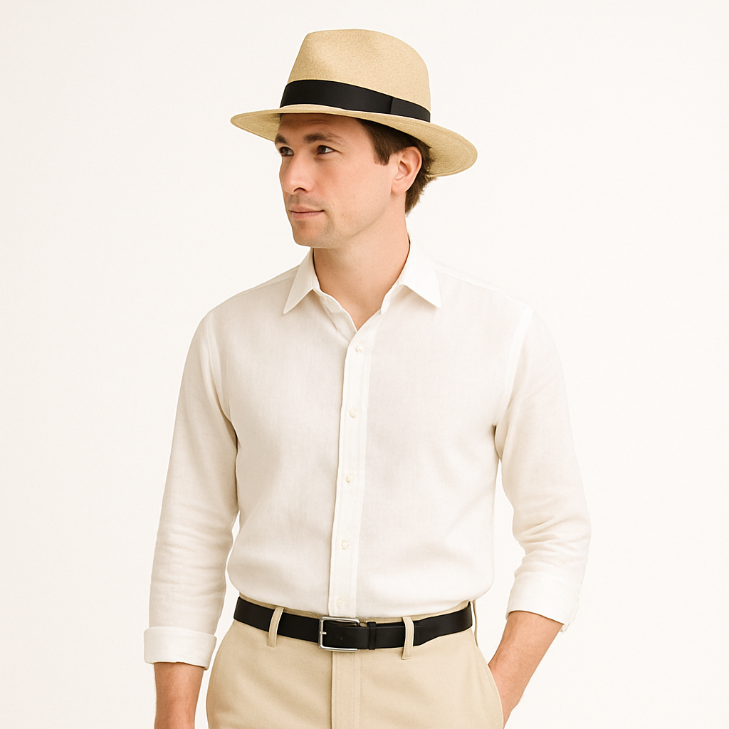 Men's Panama Hat - Woven Straw Texture and Contrast Ribbon Band Detail