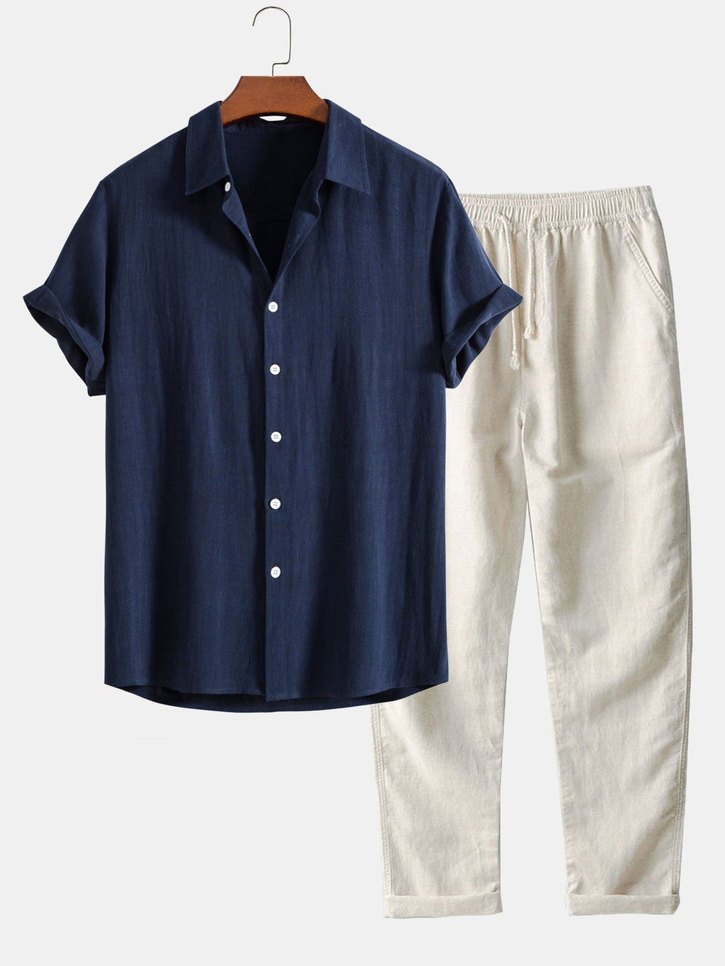 Men's Linen 2-Piece Set - Short Sleeve Button-Down Shirt and Drawstring Trousers