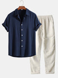 Men's Linen 2-Piece Set - Short Sleeve Button-Down Shirt and Drawstring Trousers
