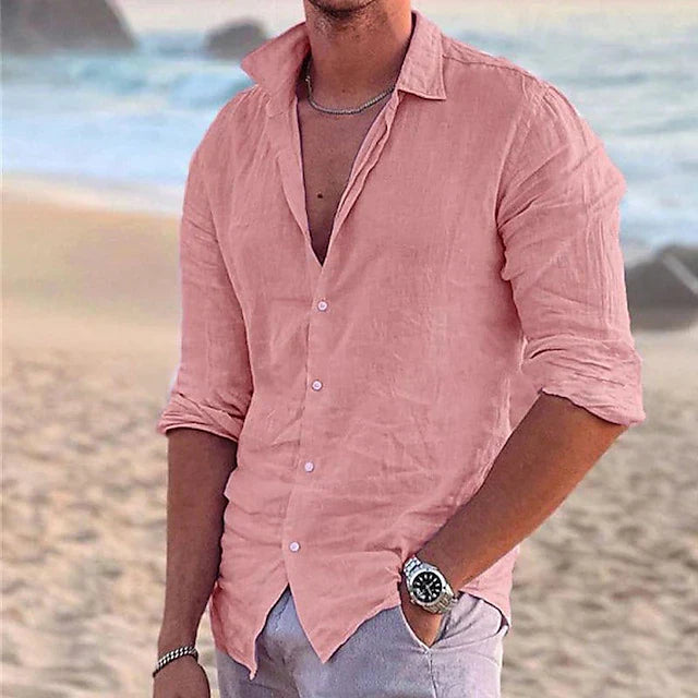 Men's Linen Shirt - Button-Down Front and Long Sleeve Detail