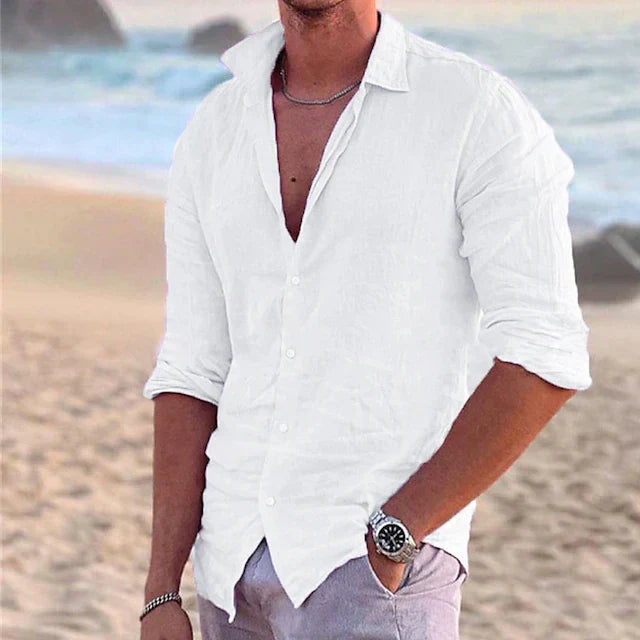 Men's Linen Shirt - Button-Down Front and Long Sleeve Detail