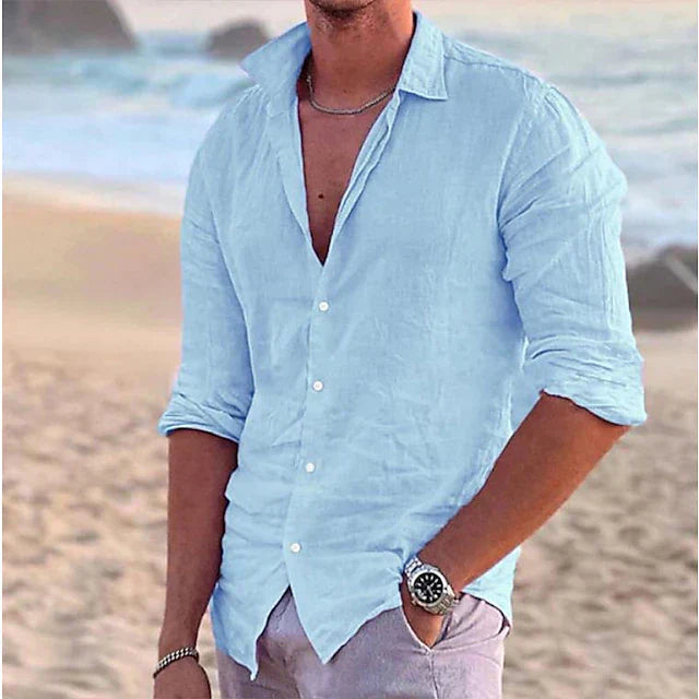 Men's Linen Shirt - Button-Down Front and Long Sleeve Detail