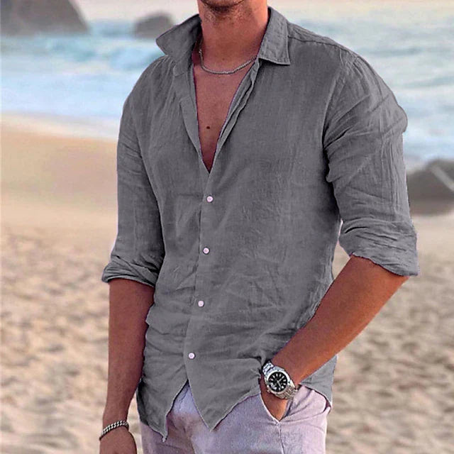 Men's Linen Shirt - Button-Down Front and Long Sleeve Detail