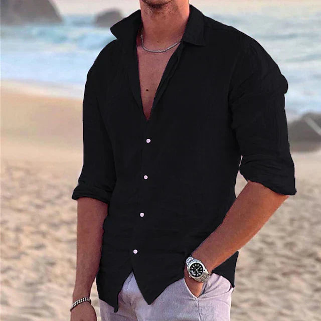 Men's Linen Shirt - Button-Down Front and Long Sleeve Detail