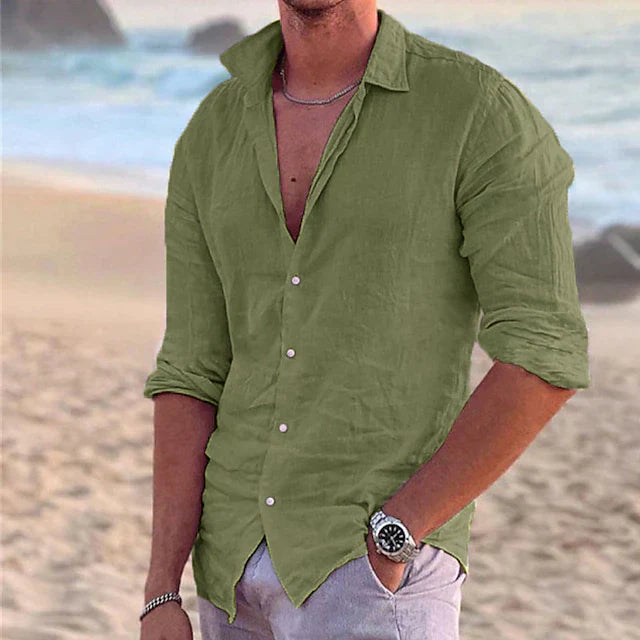 Men's Linen Shirt - Button-Down Front and Long Sleeve Detail