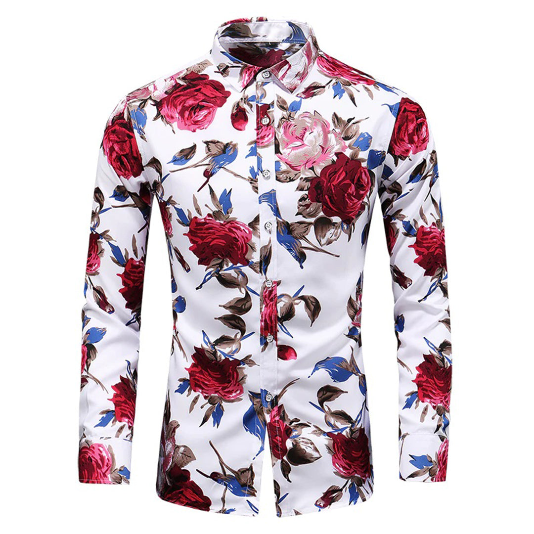 Men's Shirt - Floral Print Design and Long Sleeve Detail