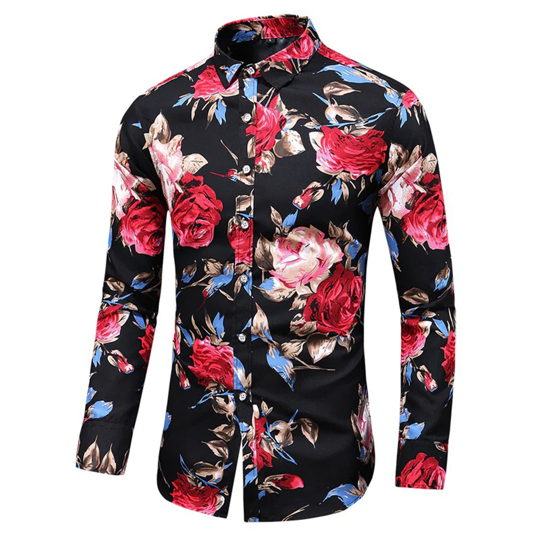 Men's Shirt - Floral Print Design and Long Sleeve Detail
