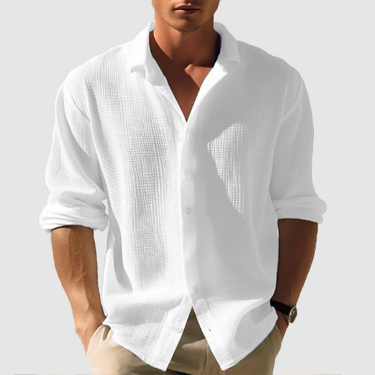 Men's Linen Shirt - Button-Down Front and Relaxed Long Sleeve Detail
