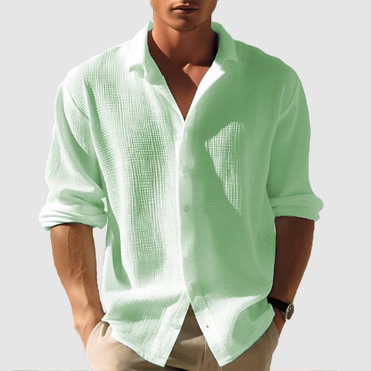Men's Linen Shirt - Button-Down Front and Relaxed Long Sleeve Detail