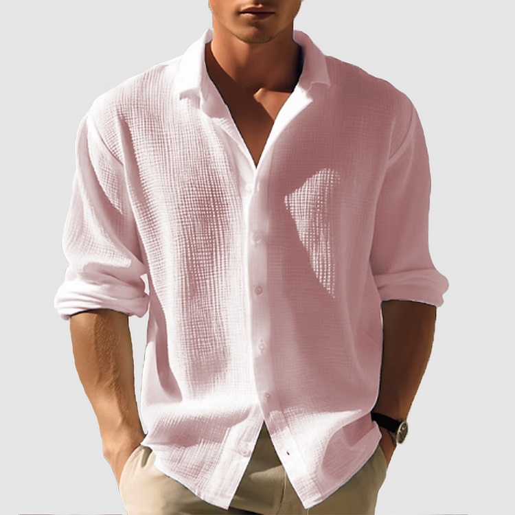Men's Linen Shirt - Button-Down Front and Relaxed Long Sleeve Detail