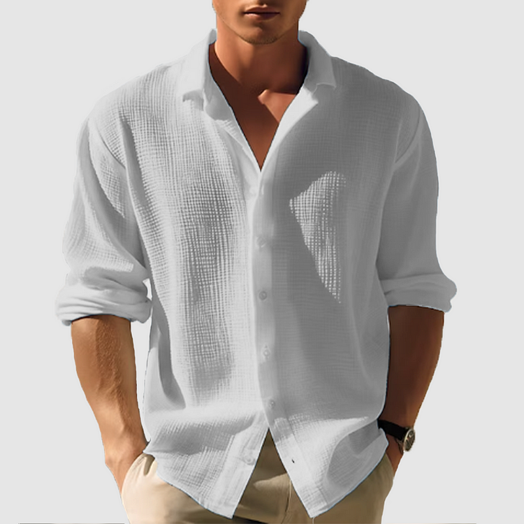 Men's Linen Shirt - Button-Down Front and Relaxed Long Sleeve Detail