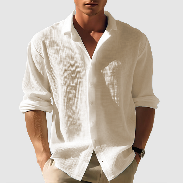 Men's Linen Shirt - Button-Down Front and Relaxed Long Sleeve Detail